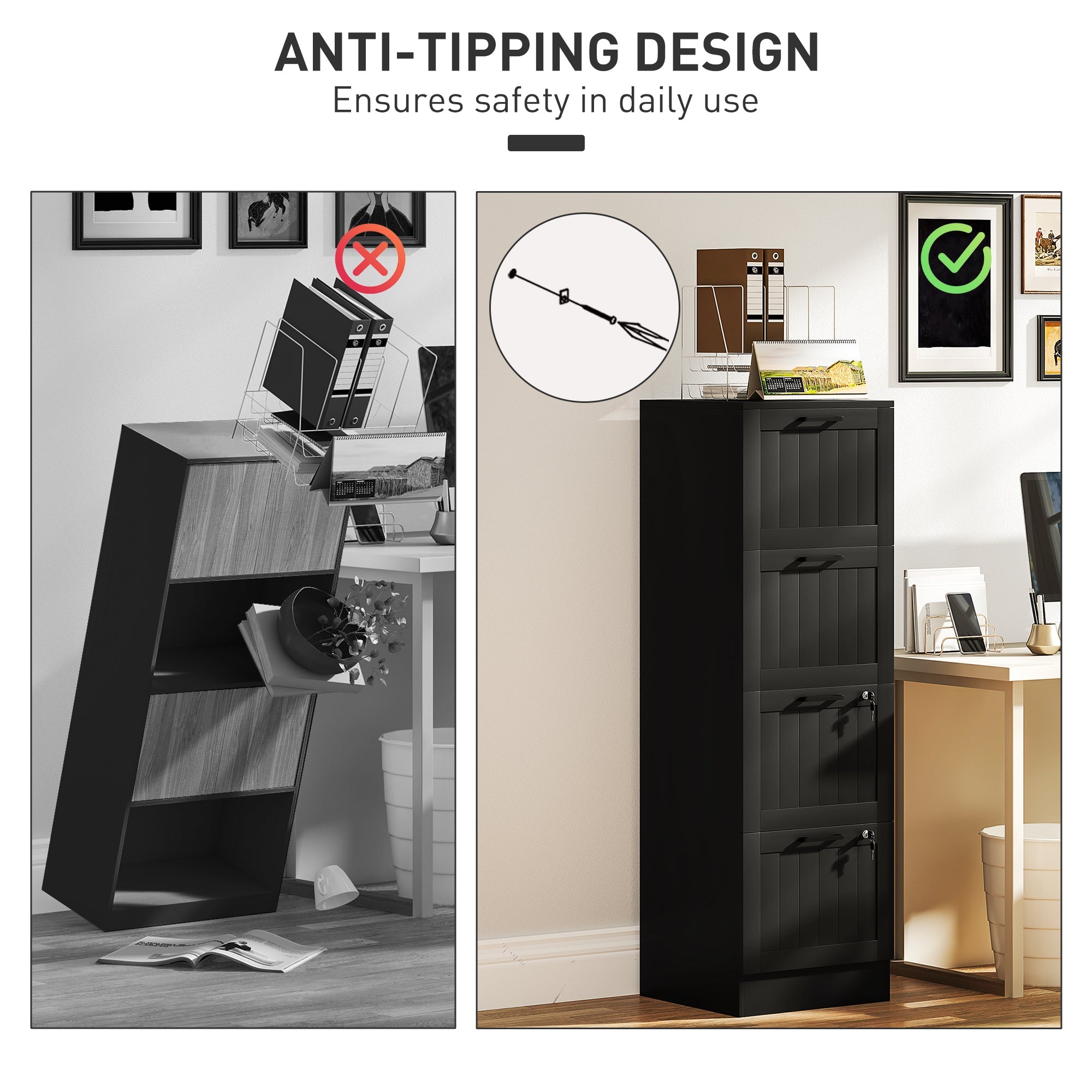 HOMCOM 4 Drawer Filing Cabinet with Lock, Office Storage Cabinet with Adjustable Hanging Bars for A4 Letter Size Files, Black 
