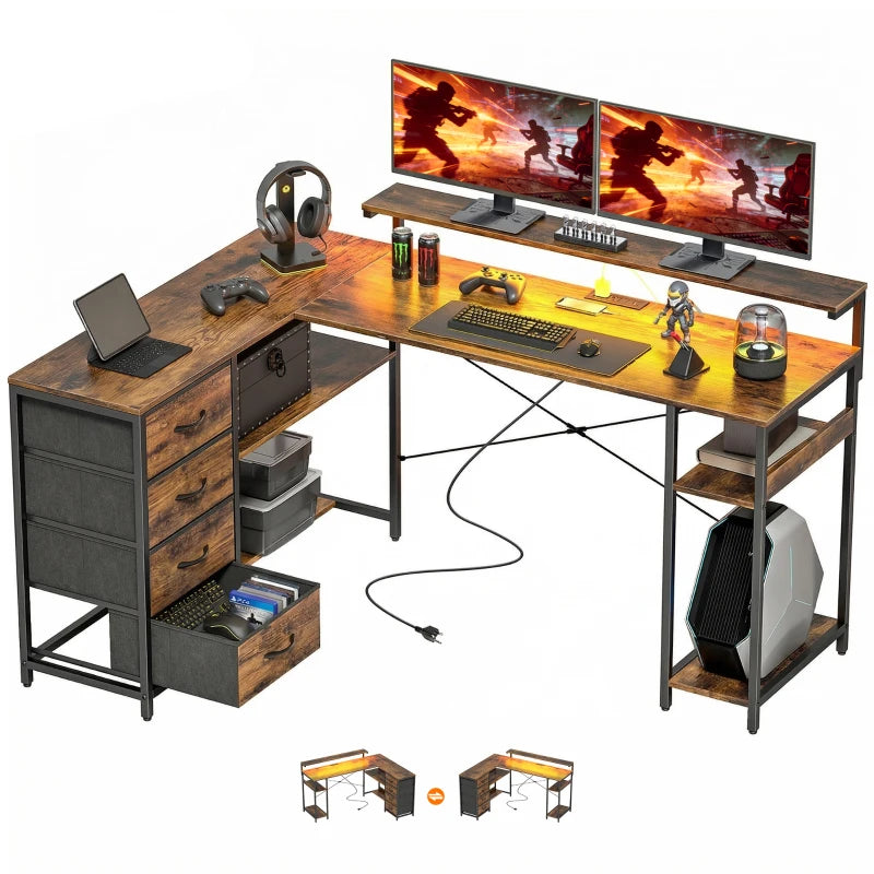 Gaming Desk with Power Outlets LED Lights Computer Desk with Drawers Monitor Stand 61" Rustic Brown