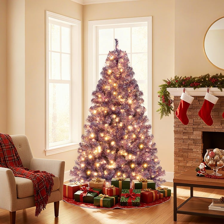 6 ft Pre-Lit Tinsel Christmas Tree Artificial Xmas Tree with Lush Branch Tips and Warm White LED Lights