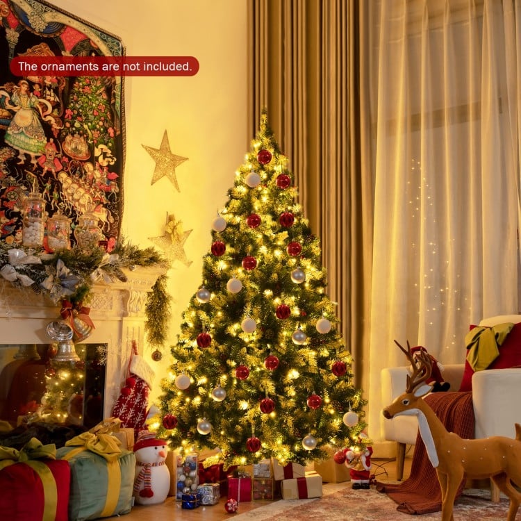 6 FT Pre-lit Snow Flocked Christmas Tree with Red Berries and 8 Lighting Modes