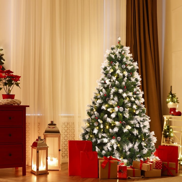 6 FT Pre-lit Snow Flocked Christmas Tree with Red Berries and 8 Lighting Modes