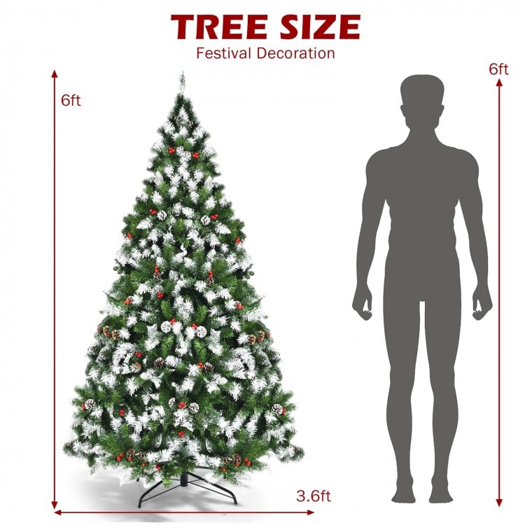 6 FT Pre-lit Snow Flocked Christmas Tree with Red Berries and 8 Lighting Modes