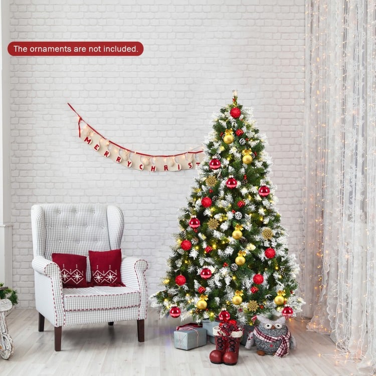 6 FT Pre-lit Snow Flocked Christmas Tree with Red Berries and 8 Lighting Modes