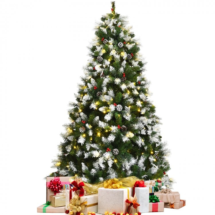 6 FT Pre-lit Snow Flocked Christmas Tree with Red Berries and 8 Lighting Modes