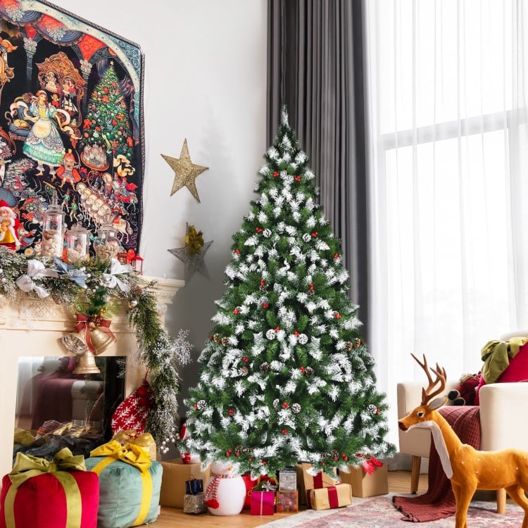 6 FT Pre-lit Snow Flocked Christmas Tree with Red Berries and 8 Lighting Modes