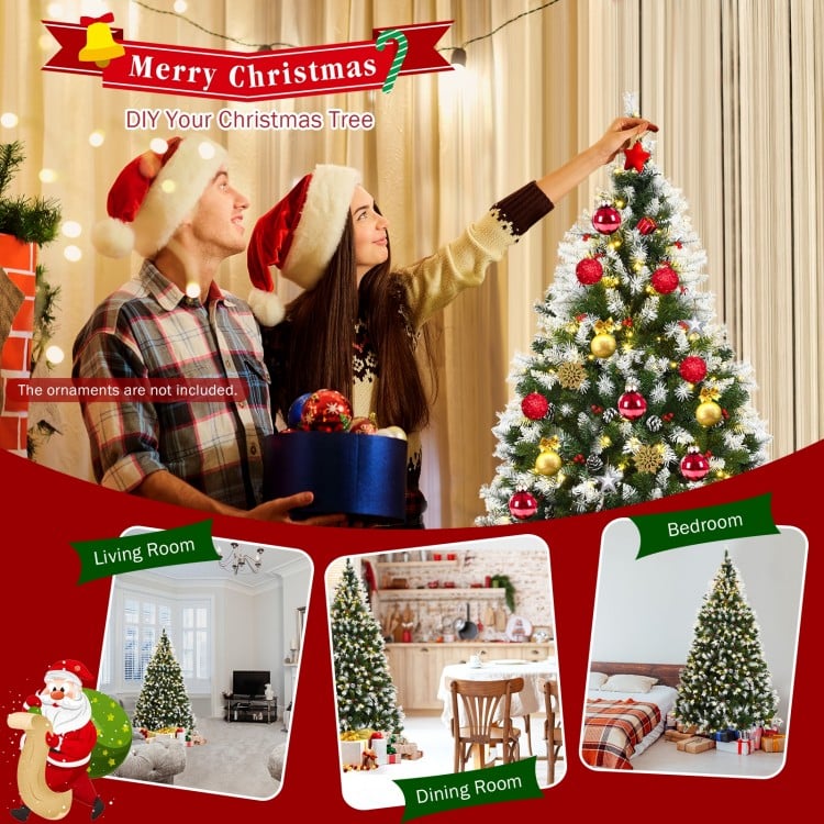 6 FT Pre-lit Snow Flocked Christmas Tree with Red Berries and 8 Lighting Modes