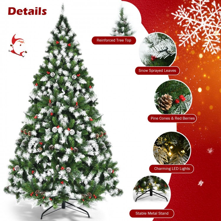 6 FT Pre-lit Snow Flocked Christmas Tree with Red Berries and 8 Lighting Modes