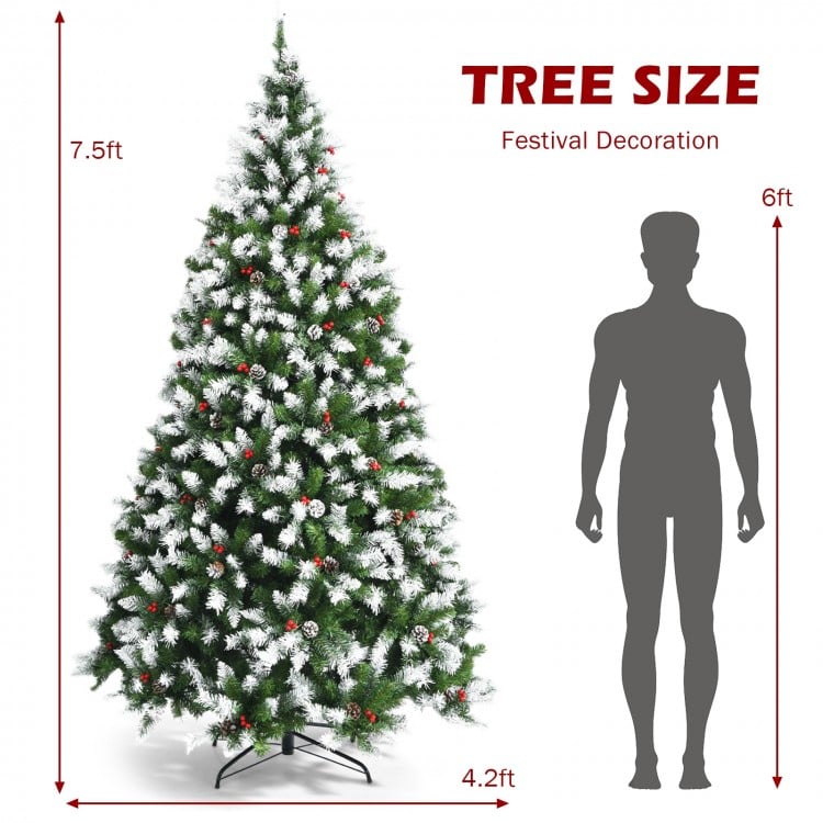 Pre-lit Snow Flocked Christmas Tree with Red Berries and LED Lights-7.5 Feet
