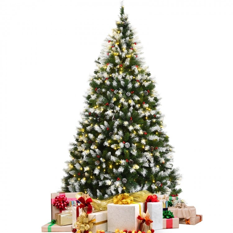 Pre-lit Snow Flocked Christmas Tree with Red Berries and LED Lights-7.5 Feet