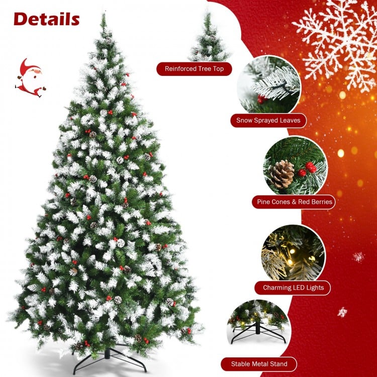 Pre-lit Snow Flocked Christmas Tree with Red Berries and LED Lights-7.5 Feet