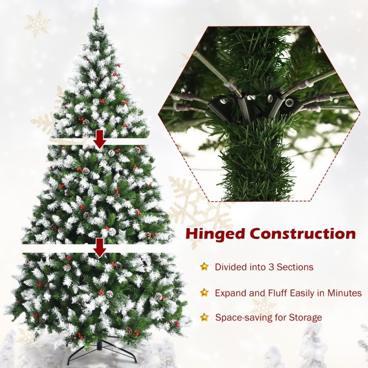Pre-lit Snow Flocked Christmas Tree with Red Berries and LED Lights-7.5 Feet