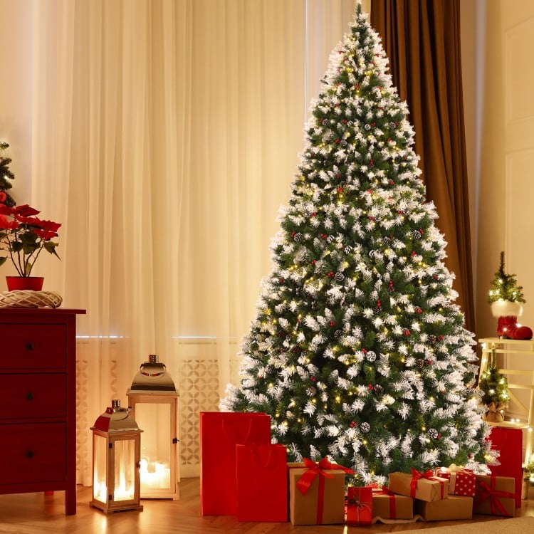 Pre-lit Snow Flocked Christmas Tree with Red Berries and LED Lights-9 Feet