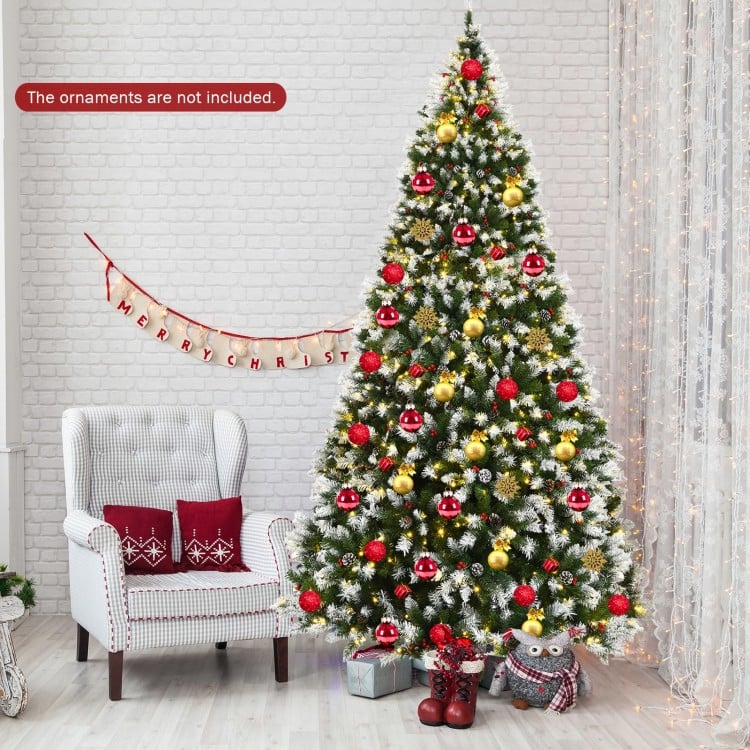 Pre-lit Snow Flocked Christmas Tree with Red Berries and LED Lights-9 Feet