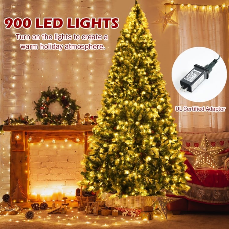 Pre-lit Snow Flocked Christmas Tree with Red Berries and LED Lights-9 Feet