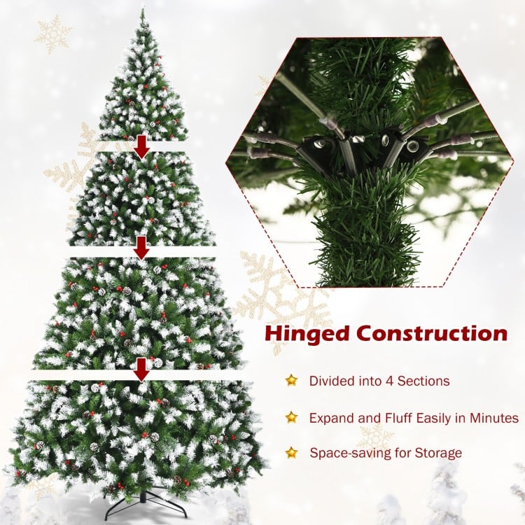 Pre-lit Snow Flocked Christmas Tree with Red Berries and LED Lights-9 Feet
