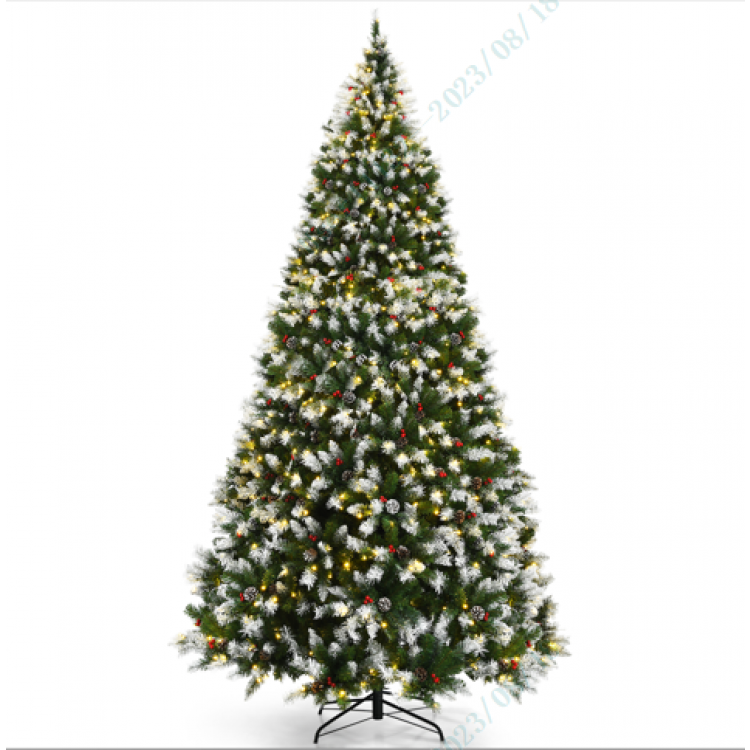 Pre-lit Snow Flocked Christmas Tree with Red Berries and LED Lights-9 Feet