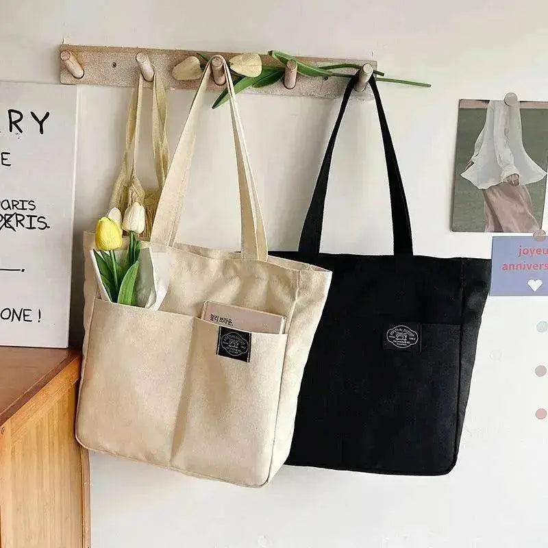 Preppy Style Canvas Handbags Women's Solid Color Simple Large Capacity Daily Shoulder Bag Multiple Pockets Shopping Bags Girls Students Tote Handbag. 