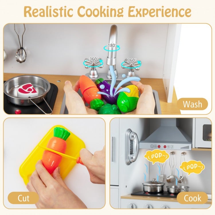 Pretend Play Kitchen Toy Kitchen Playset with Range Hood Ice Maker and Telephone-Light Pink