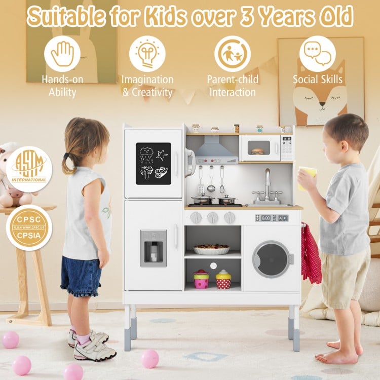 Pretend Play Kitchen Toy Kitchen Playset with Range Hood Ice Maker and Telephone-Light Pink