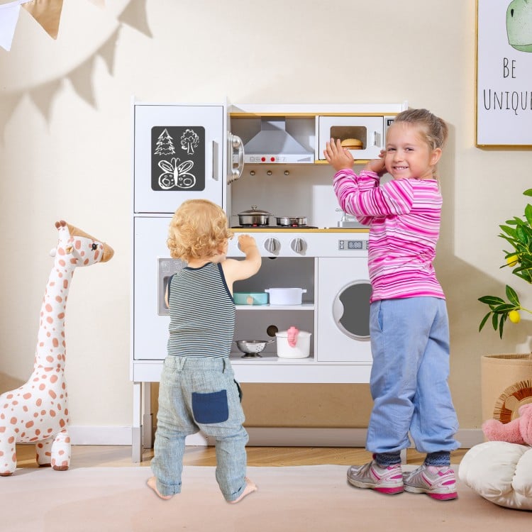 Pretend Play Kitchen Toy Kitchen Playset with Range Hood Ice Maker and Telephone-Light Pink