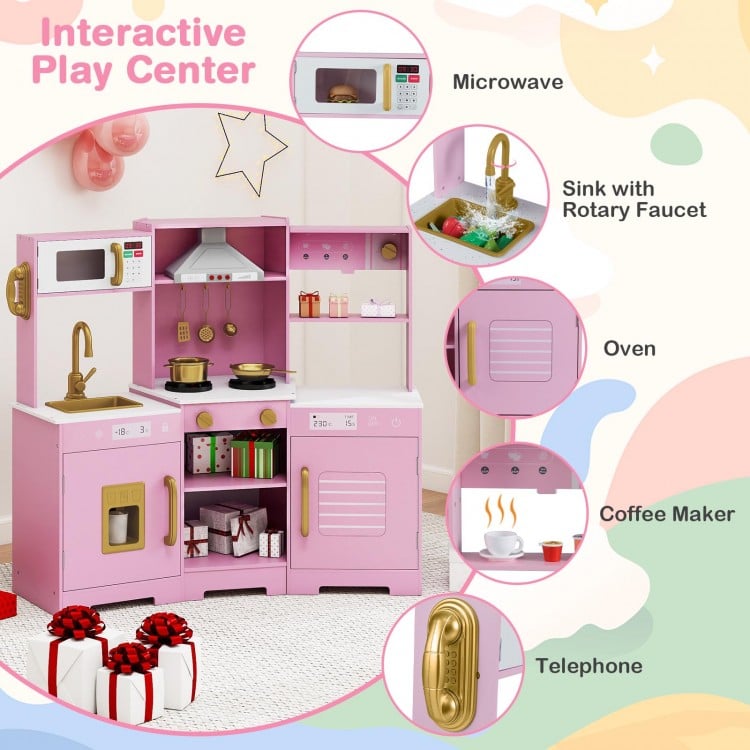 Pretend Play Kitchen Wooden Toy Set with Range Hood Real Sounds and Lights-Pink