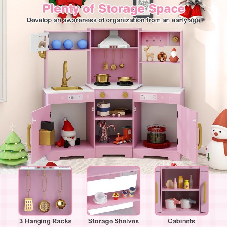 Pretend Play Kitchen Wooden Toy Set with Range Hood Real Sounds and Lights-Pink