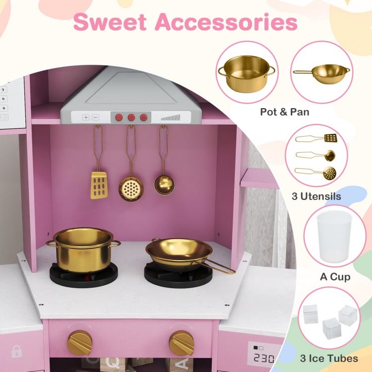 Pretend Play Kitchen Wooden Toy Set with Range Hood Real Sounds and Lights-Pink
