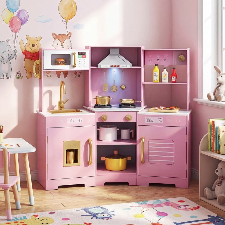 Pretend Play Kitchen Wooden Toy Set with Range Hood Real Sounds and Lights-Pink
