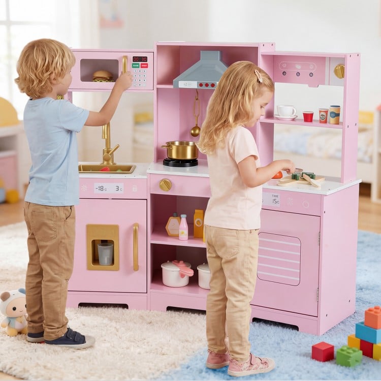 Pretend Play Kitchen Wooden Toy Set with Range Hood Real Sounds and Lights-Pink