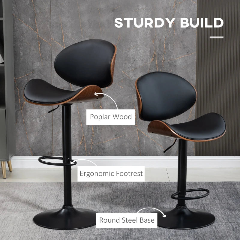 Bar Stools Set of 2, Modern PU Leather Adjustable Swivel Barstools with Curved Back, Footrest and Steel Base, Black