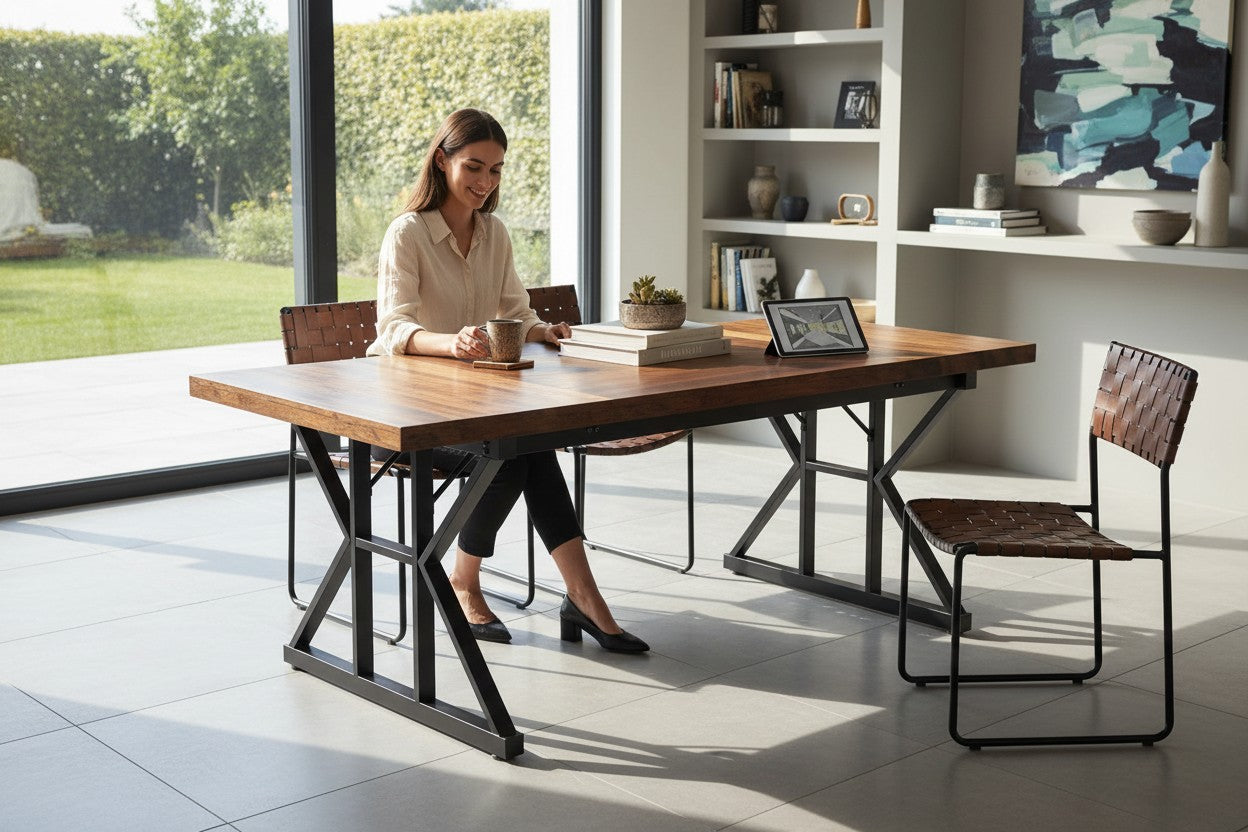Modern 6FT Executive Meeting Table with Industrial Metal Base – Brown & Black
