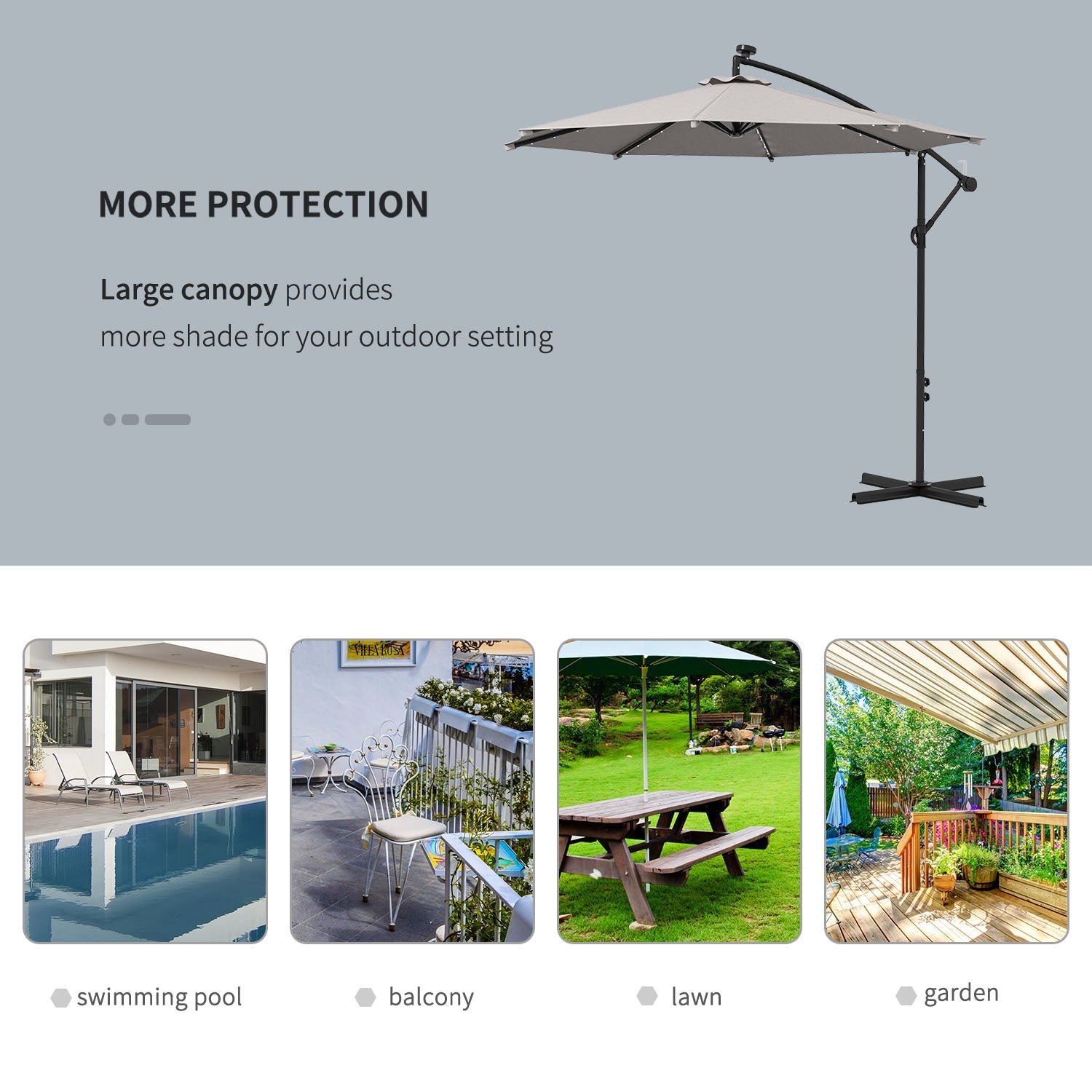 Outsunny Cantilever Umbrella: 10ft Outdoor Banana with Solar Lights Adjustable Angle Light Grey 