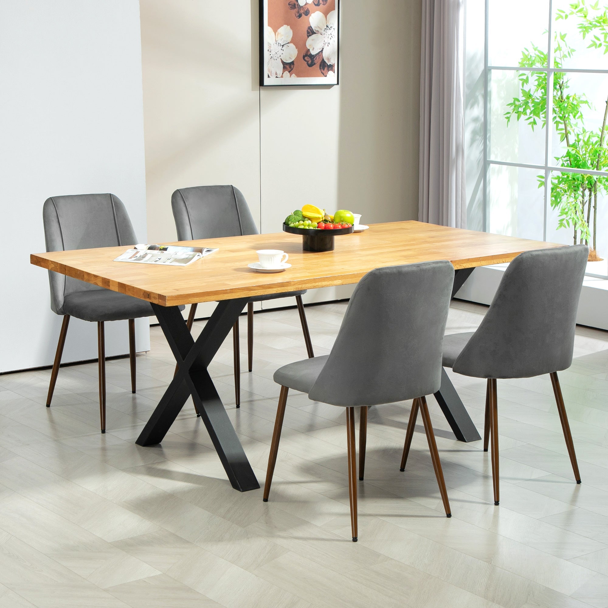 HOMCOM Upholstered Dining Chairs Set of 4, Velvet Accent Chair with Back and Wood-grain Steel Leg for Kitchen, Dark Grey 