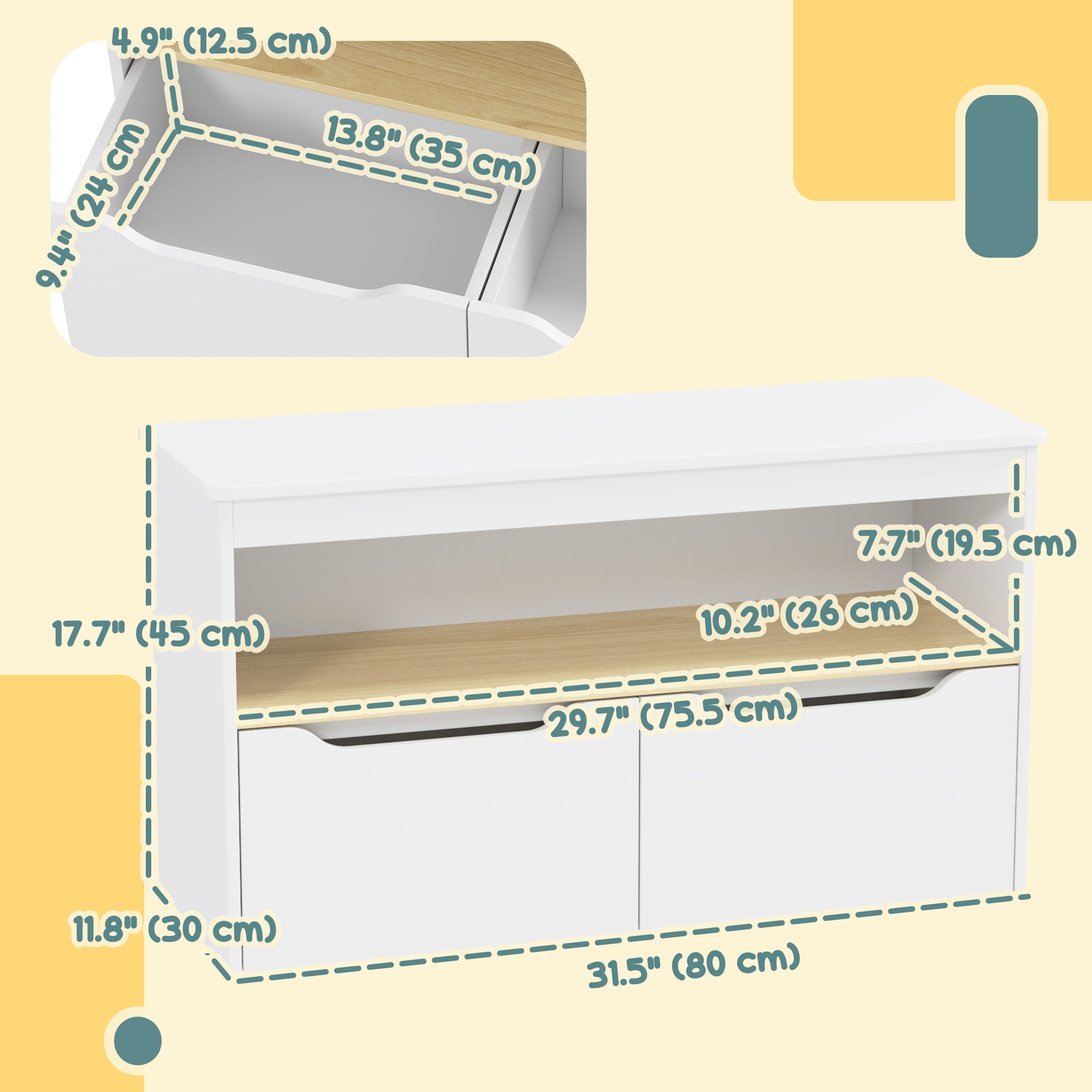 Qaba Kids Bookshelf with 2 Drawers, Large Tabletop, Shelf, for Nursery, Kids Room, Bedroom, Living Room, White 