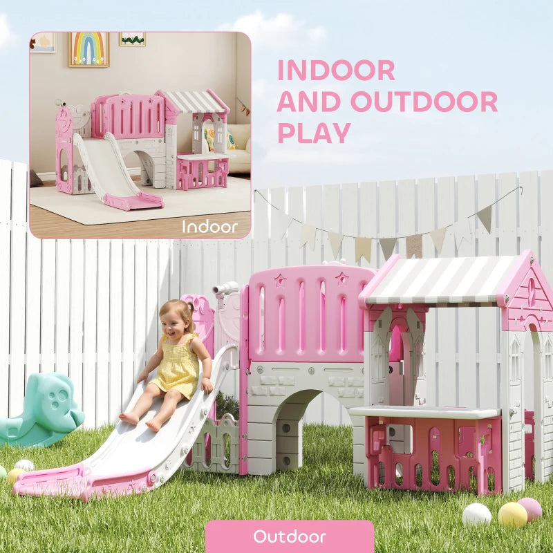 Qaba 7-in-1 Toddler Slide, Kids Slide Climber Playset with Playhouse and Basketball Hoop for 1-4 Years, Pink