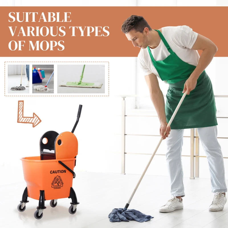 6.9 Gal/26L Mop Bucket, Mop Bucket with Wringer, Wheels and Handle, Orange