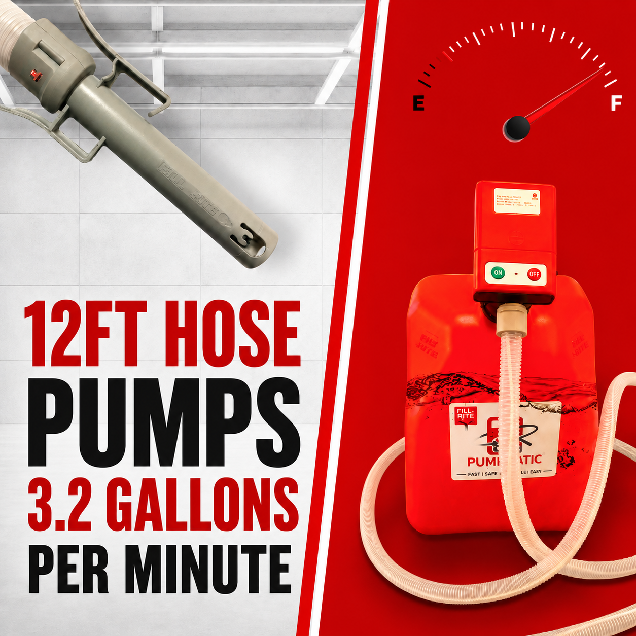 PUMPMATIC 12 FT HOSE + 5 Gallon Gas Can Combo Kit - 3.2 GPM - GAS, DIESEL, KEROSENE