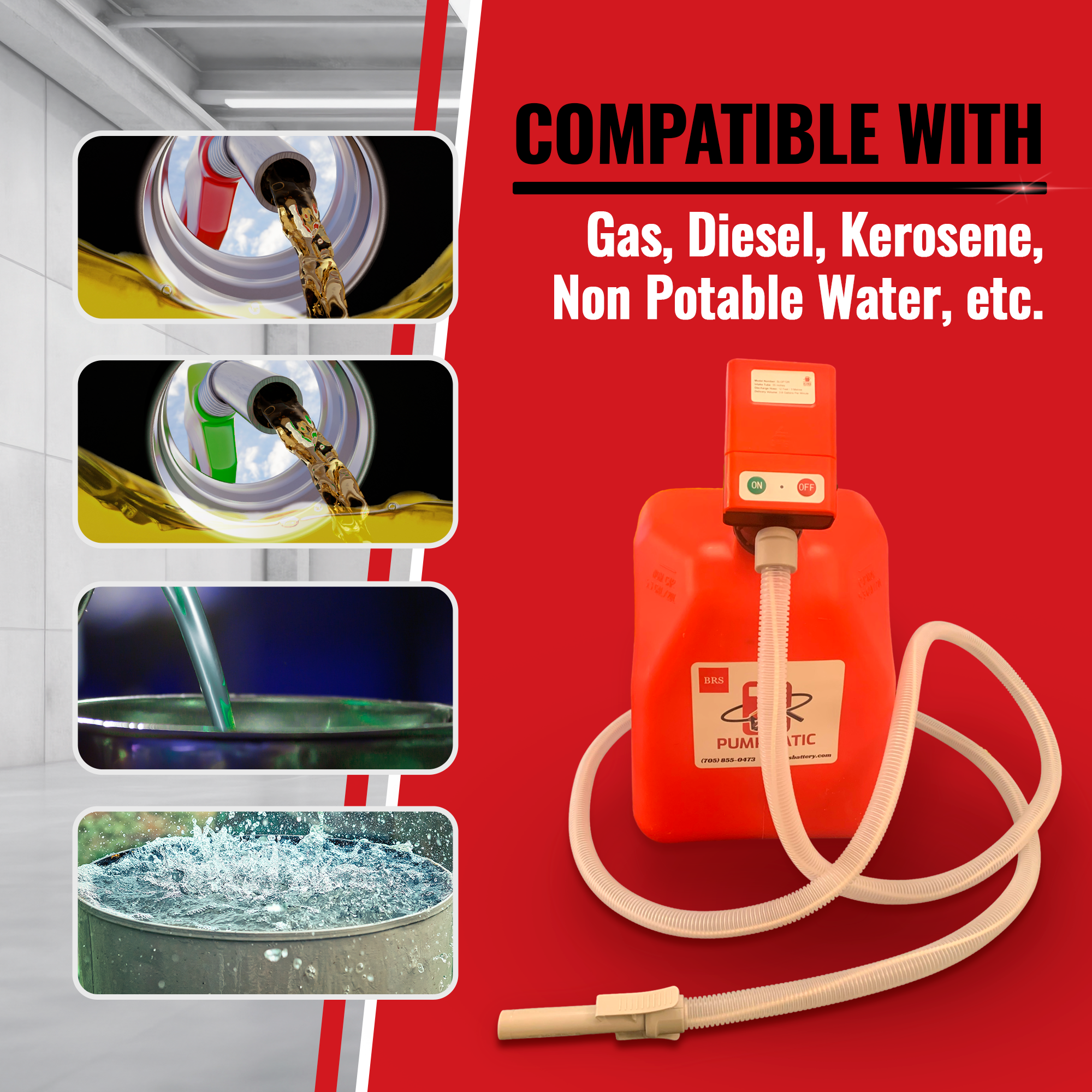 PUMPMATIC 12 FT HOSE + 5 Gallon Gas Can Combo Kit - 3.2 GPM - GAS, DIESEL, KEROSENE