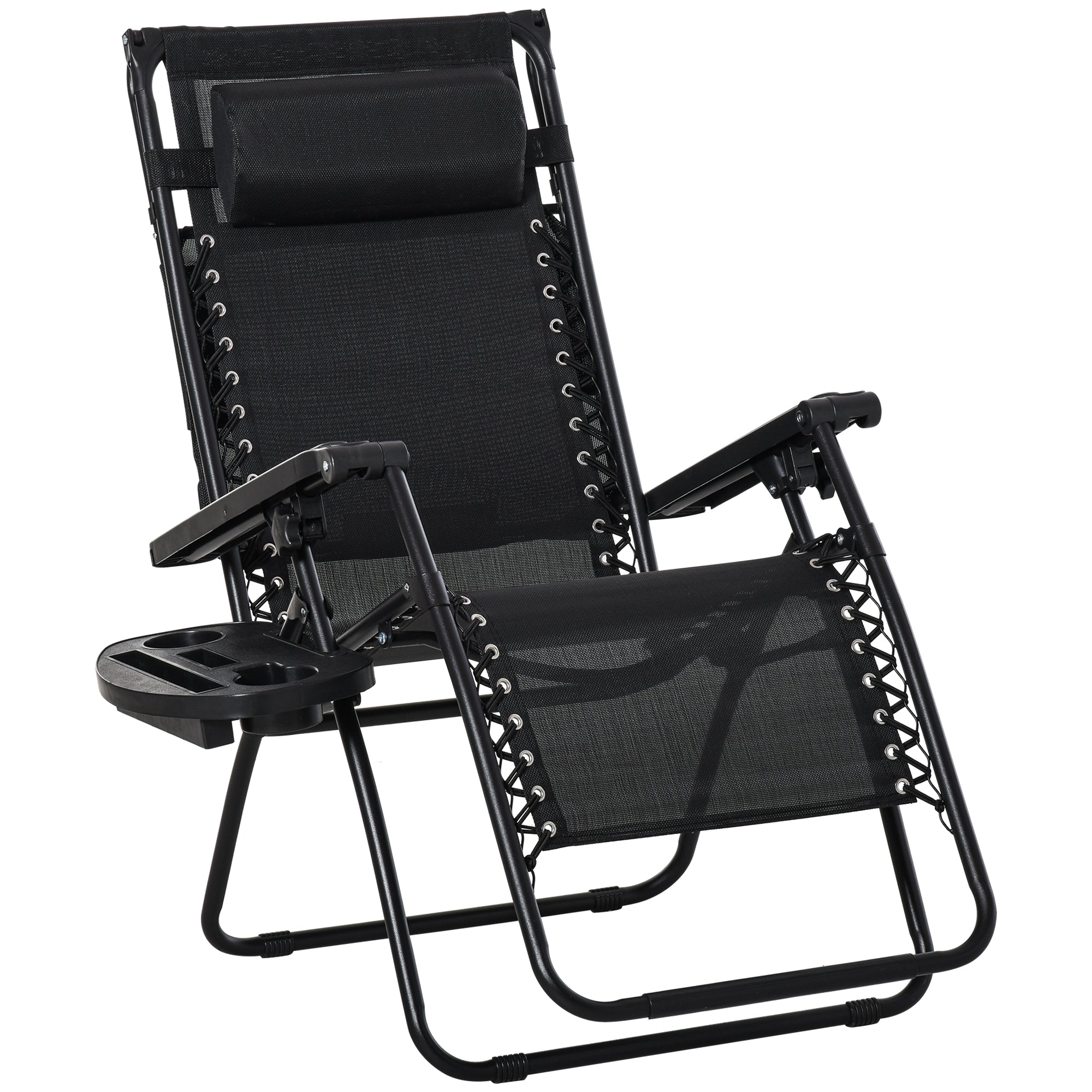 Outsunny Outdoor Zero Gravity Reclining Lounger Chair with Canopy Shade, Side Tray, Cupholder, Black 
