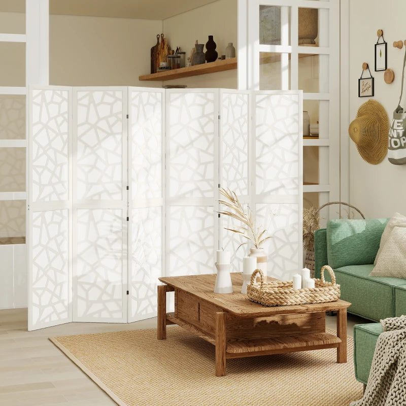 6 Panel Room Divider, 5.6 FT Lightweight Folding Privacy Screen with Geometric Pattern for Living Room, Bedroom, White