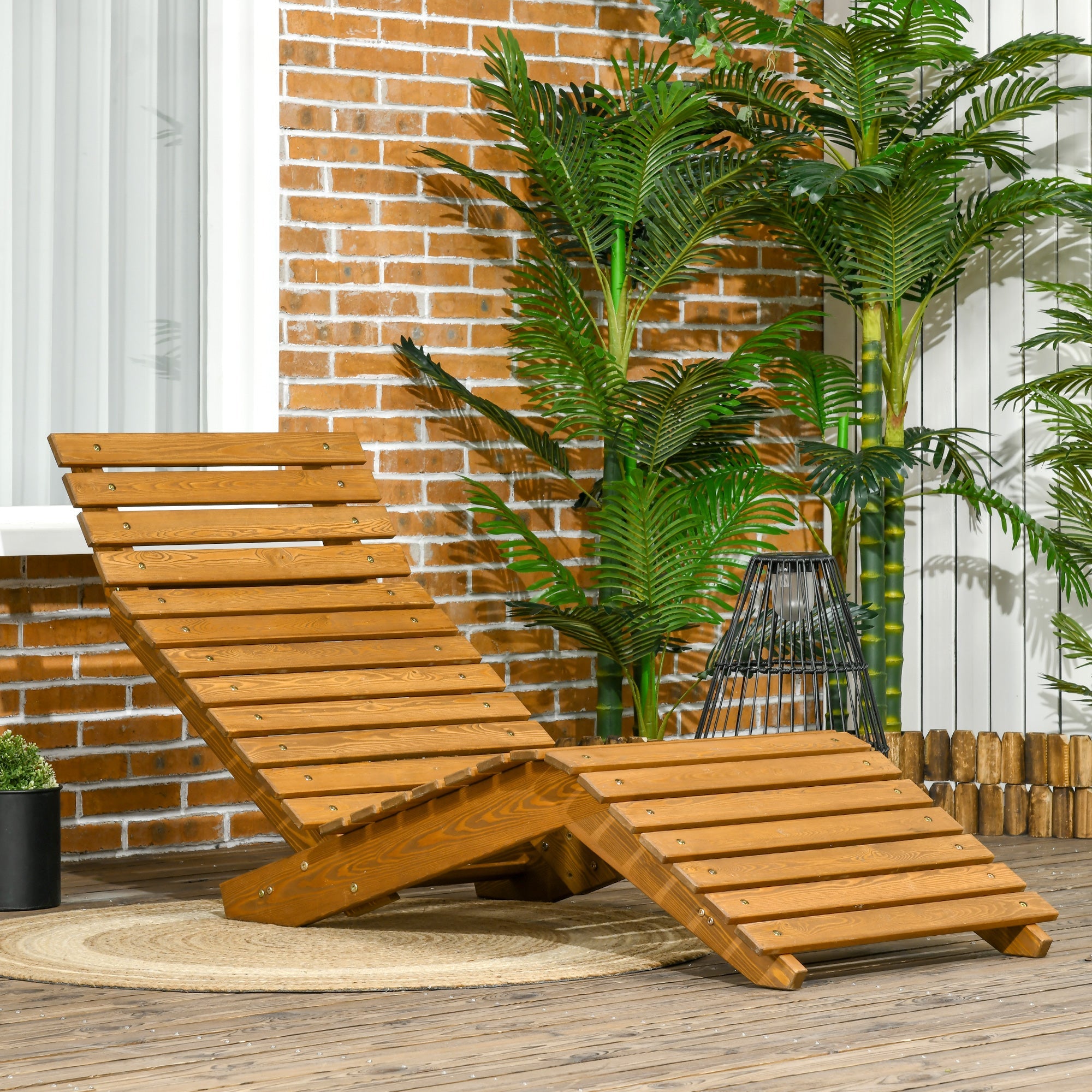 Outsunny Wooden Outdoor Lounge Chair, Curved Design Sun Lounger, Patio Lounge Chair for Garden, Backyard, Teak 