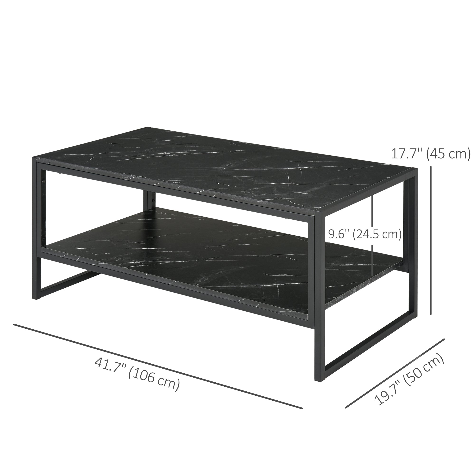 HOMCOM Black 2-Tier Coffee Table: Cocktail Table with Marble Textured Top, Storage Shelf for Living Room, Bedroom, Dorm 