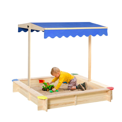 Outsunny Kids Wooden Sandbox, Play Station for Children Outdoor, with Adjustable Canopy Shade, Seats, for Backyard, Beach 
