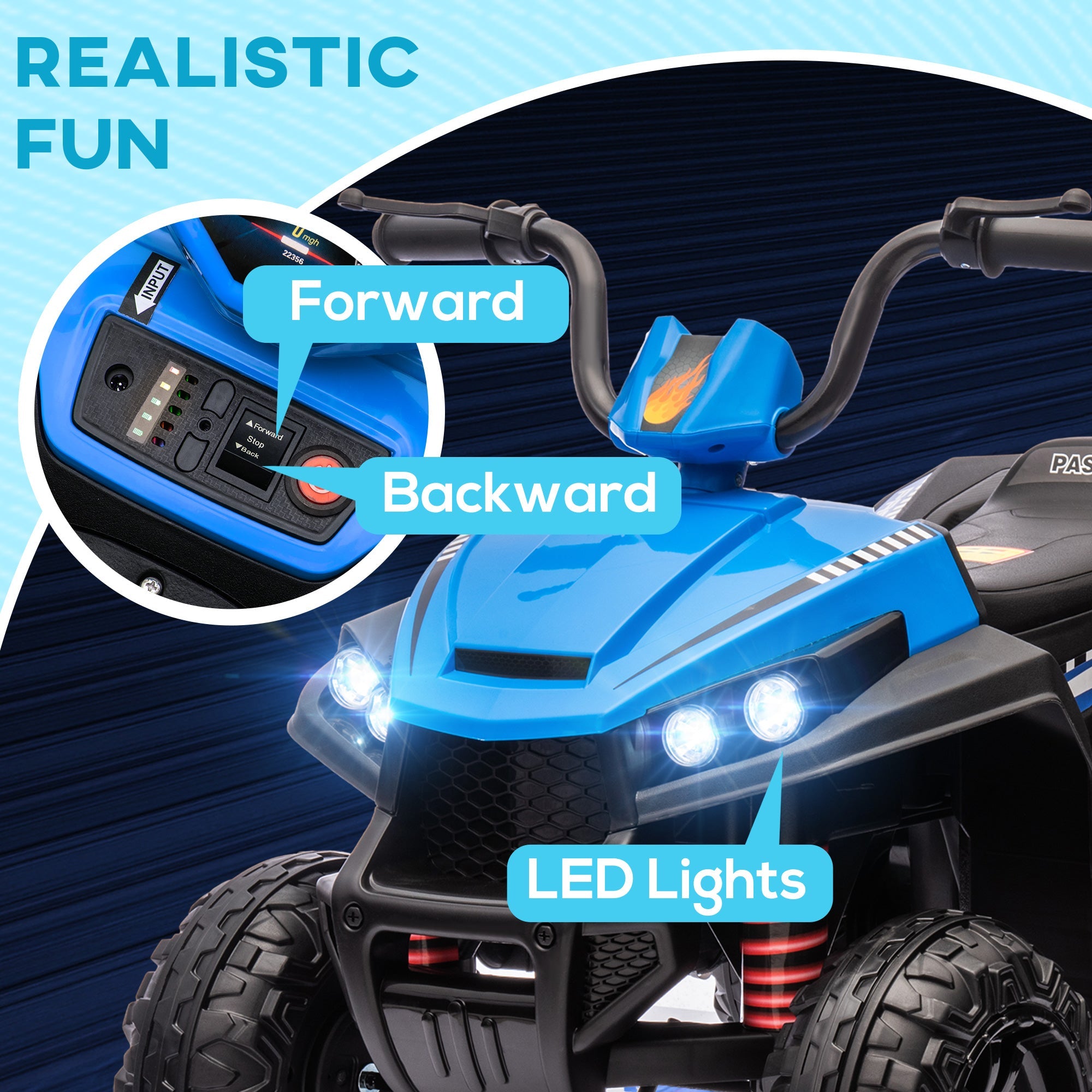 Qaba 12V Kids ATV with Four Wheels Spring Suspension, Forward & Backward, LED Light, MP3, Music, Blue 