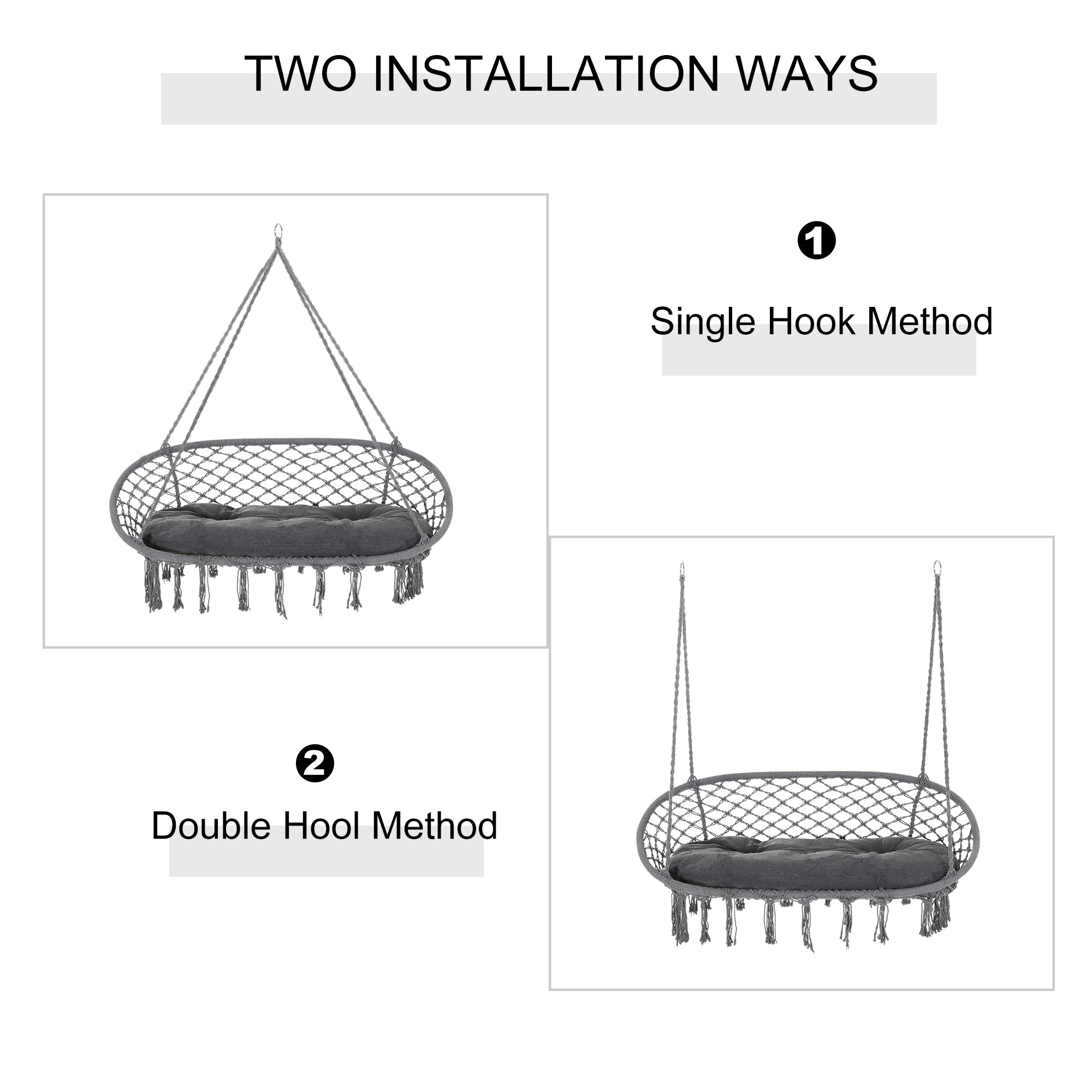 Outsunny Hammock Chair Hanging Rope Swing Metal Frame Cushion Large Macrame Seat Indoor Outdoor Dark Grey 