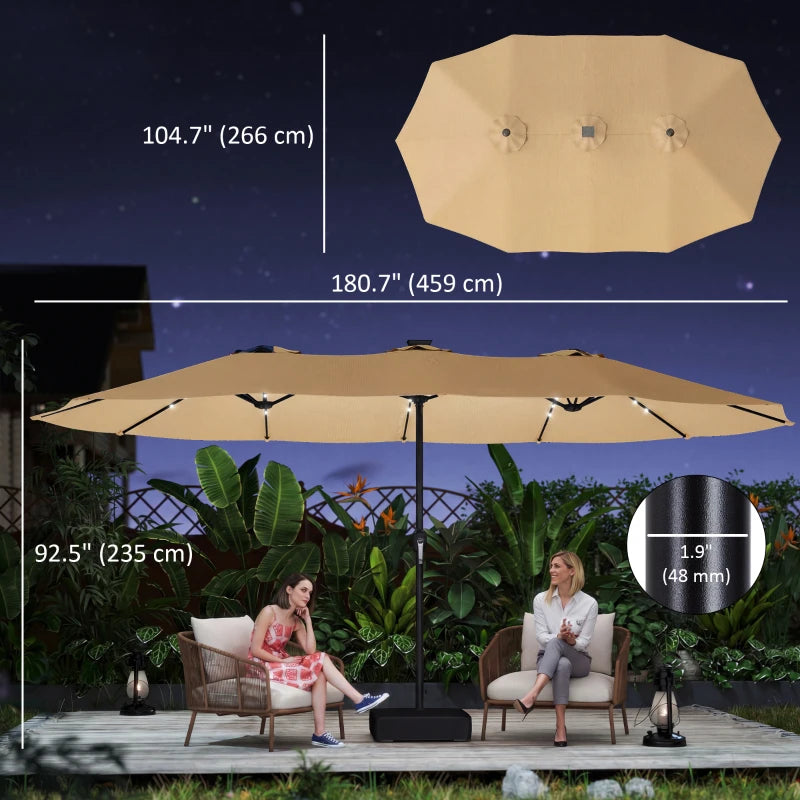Double-sided Patio Umbrella with Base Included & 48 LED Lights 15ft Khaki