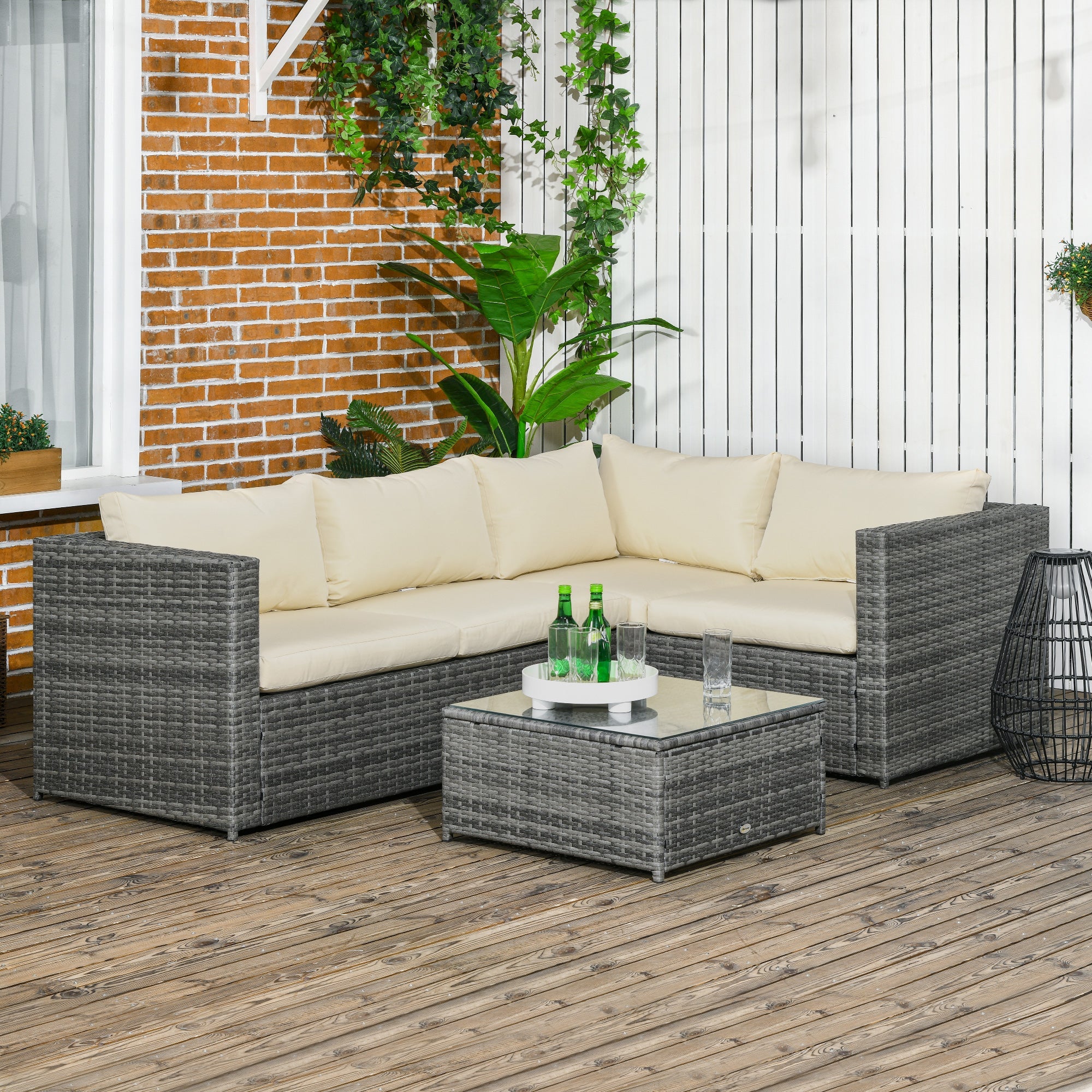 Outsunny Rattan Wicker 3-Piece Patio Set, Outdoor Conversation Furniture with Loveseats, Coffee Table, Beige Cushions 