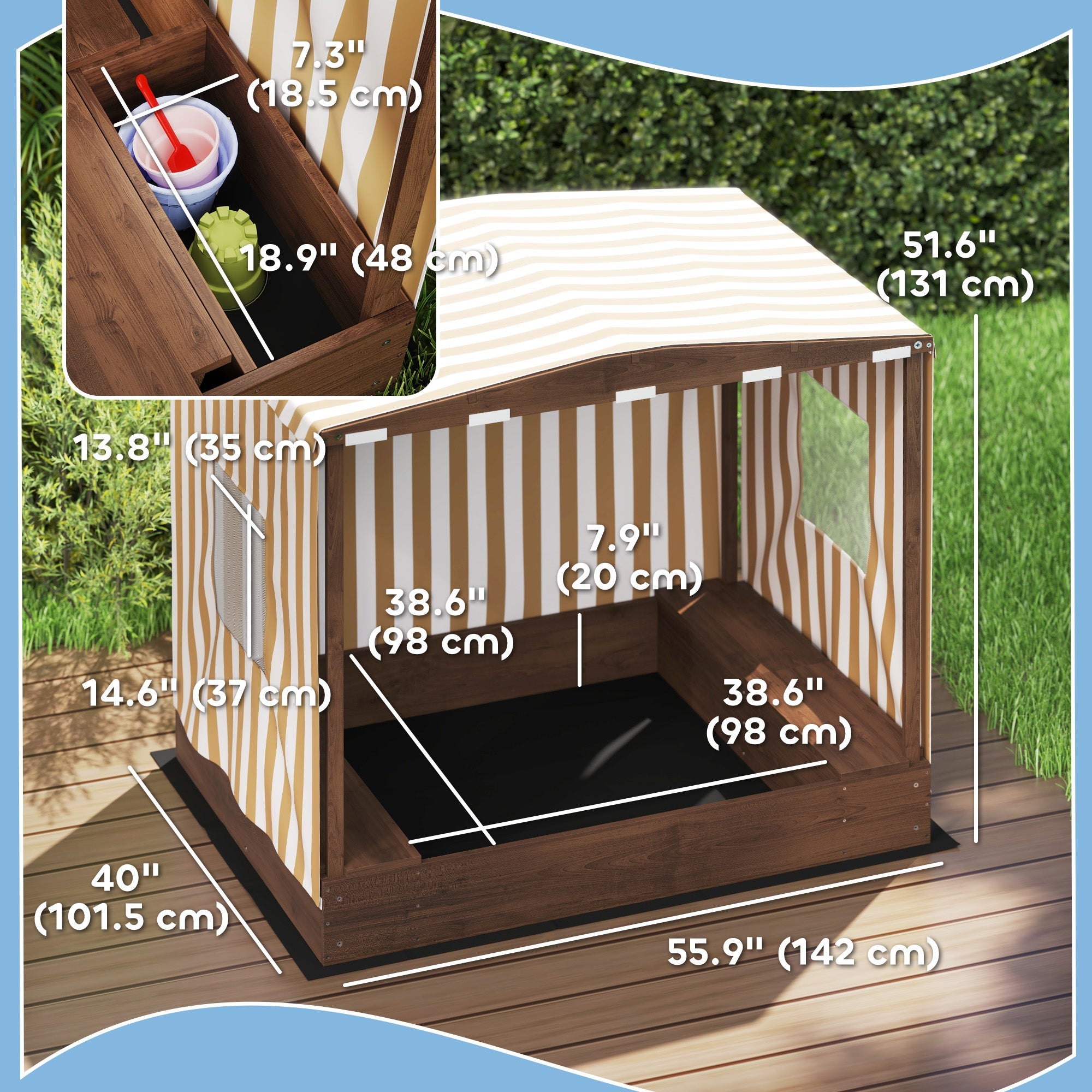Qaba Kids Sandbox with Full Covered Canopy, Bench Seats, Bottom Liner, for Ages 3-6, 56" x 40" x 52", Brown 