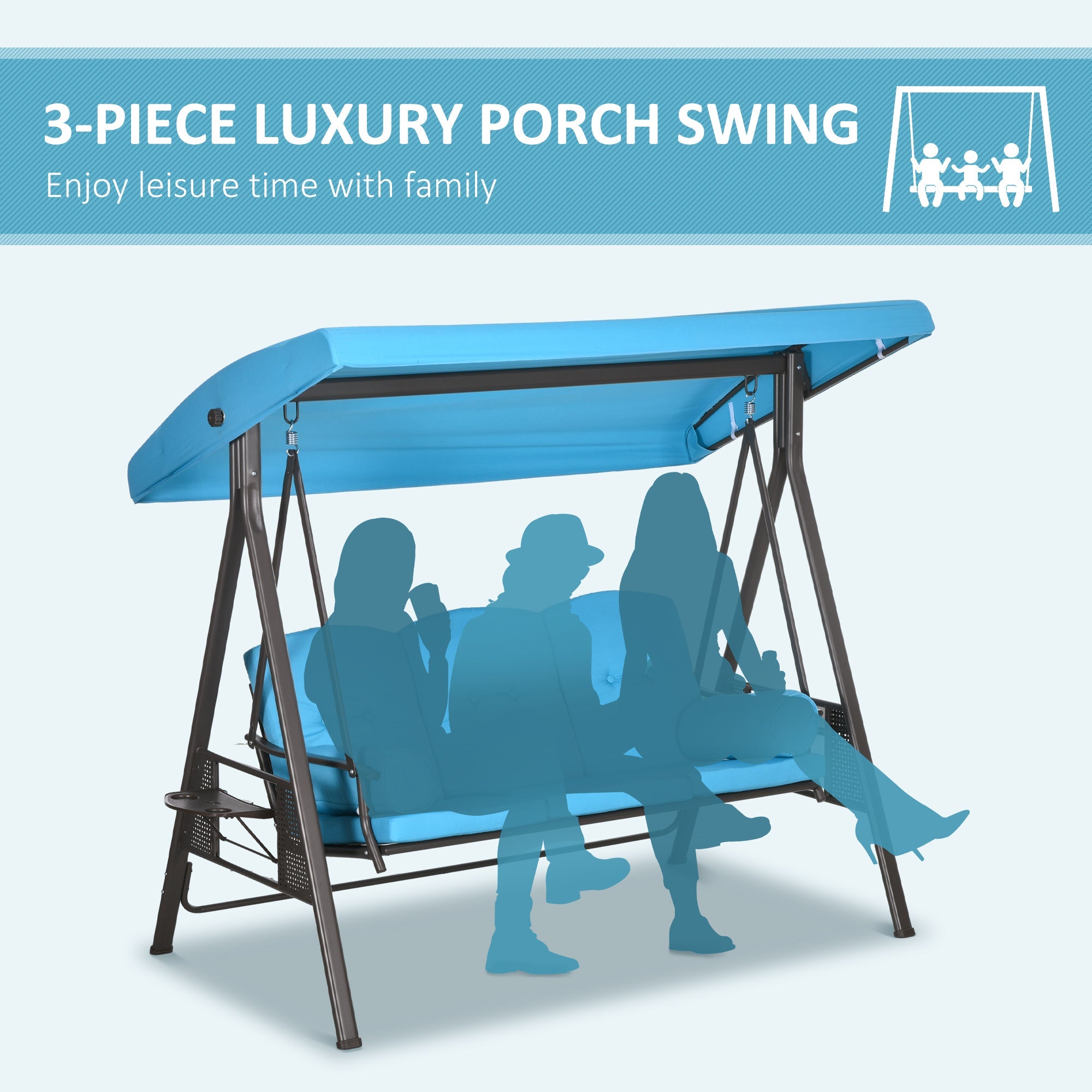 Outsunny Outdoor Patio 3-Person Steel Canopy Cushioned Seat Bench Swing with Included Side Trays & Padded Comfort, Light Blue 