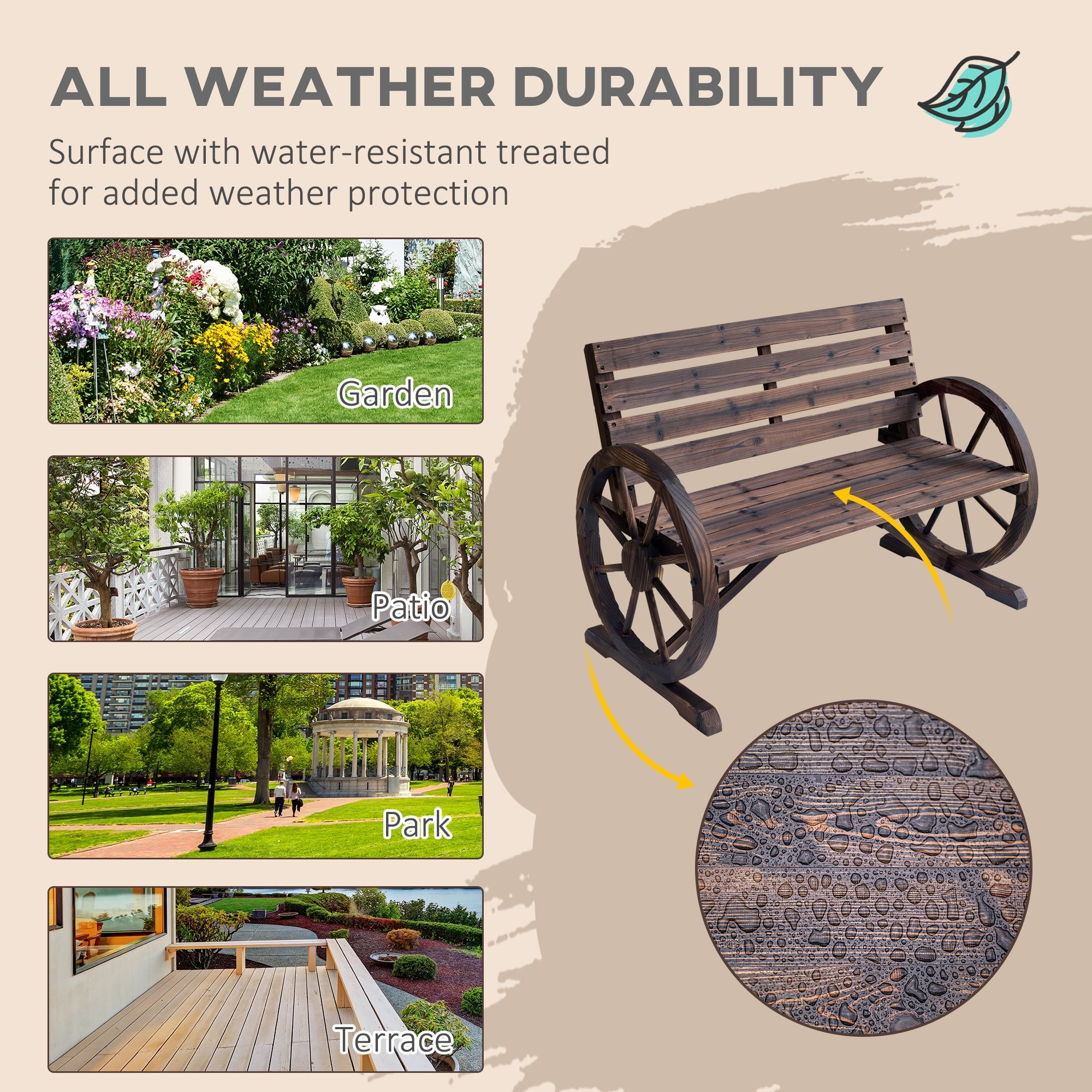 Outsunny 42" Wood Wagon Wheel Bench Rustic Garden Loveseat Outdoor Lounge Chair Brown 